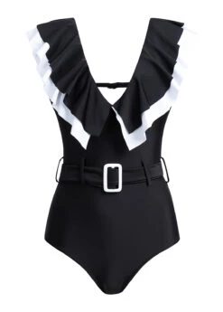 Black Flounce Buckle Detail One Piece Swimwear -Ethereal Swim 1697777580909383201
