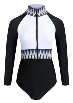 Quarter Zip Long Sleeve Chevron Print One Piece Swimwear -Ethereal Swim 1697793775061535282