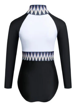 Quarter Zip Long Sleeve Chevron Print One Piece Swimwear -Ethereal Swim 1697793775877876107