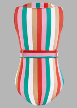 Rainbow Stripe Belted Turndown Collar One Piece Swimwear 9 Rainbow Stripe Belted Turndown Collar One Piece Swimwear -Ethereal Swim 1698040860242000704