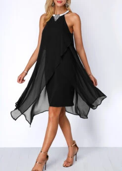 Embellished Neck Asymmetric Hem Black Chiffon Dress -Ethereal Swim 209381 P 15900527573322