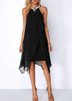 Embellished Neck Asymmetric Hem Black Chiffon Dress -Ethereal Swim 209381 P 15900527574511