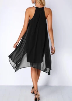 Embellished Neck Asymmetric Hem Black Chiffon Dress -Ethereal Swim 209381 P 15900527579753