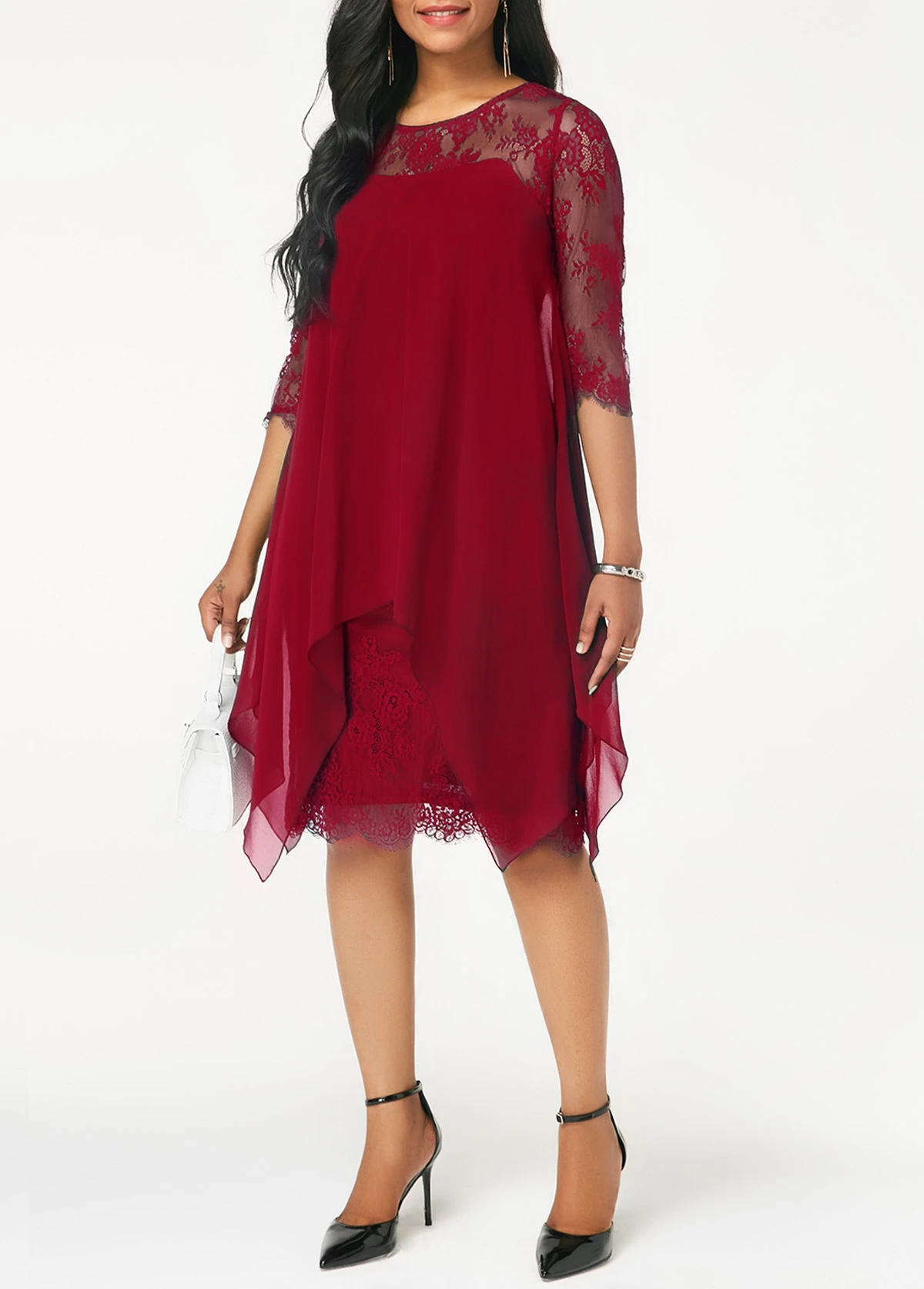 Wine Red Three Quarter Sleeve Chiffon Overlay Lace Dress 5 Wine Red Three Quarter Sleeve Chiffon Overlay Lace Dress - Image 3