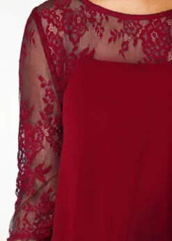Wine Red Three Quarter Sleeve Chiffon Overlay Lace Dress 11 Wine Red Three Quarter Sleeve Chiffon Overlay Lace Dress -Ethereal Swim 211160 P 15755385103934