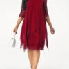 Wine Red Three Quarter Sleeve Chiffon Overlay Lace Dress -Ethereal Swim 211160 P 15755385105510