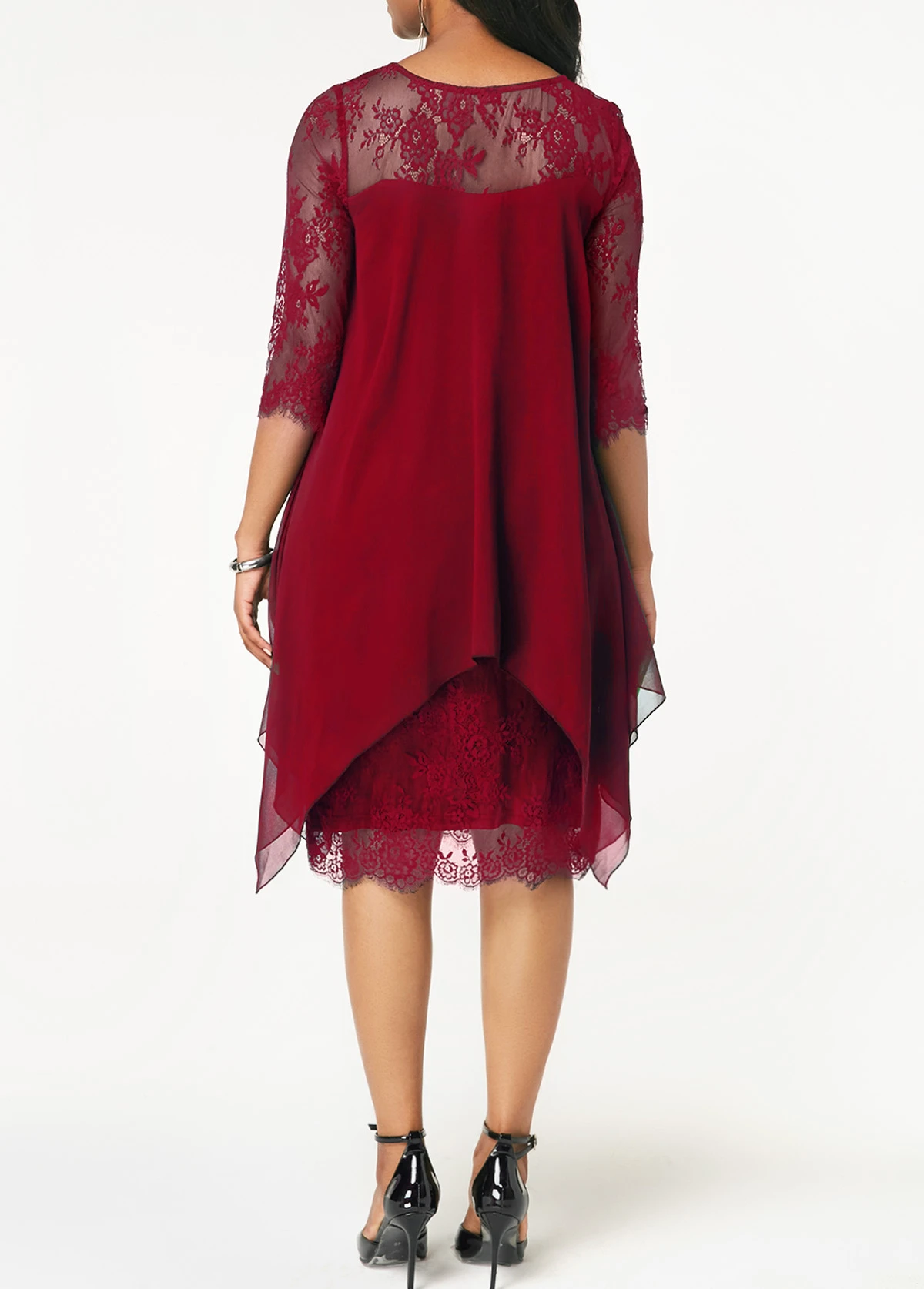 Wine Red Three Quarter Sleeve Chiffon Overlay Lace Dress 4 Wine Red Three Quarter Sleeve Chiffon Overlay Lace Dress - Image 2