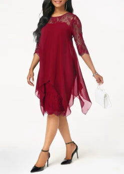 Wine Red Three Quarter Sleeve Chiffon Overlay Lace Dress 10 Wine Red Three Quarter Sleeve Chiffon Overlay Lace Dress -Ethereal Swim 211160 P 15755385108633