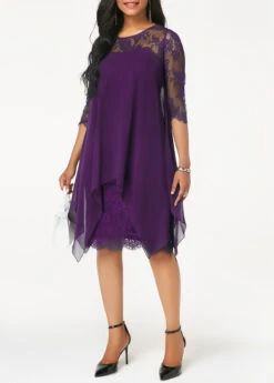 Purple Three Quarter Sleeve Chiffon Overlay Lace Dress 9 Purple Three Quarter Sleeve Chiffon Overlay Lace Dress -Ethereal Swim 211161 P 16336622482602