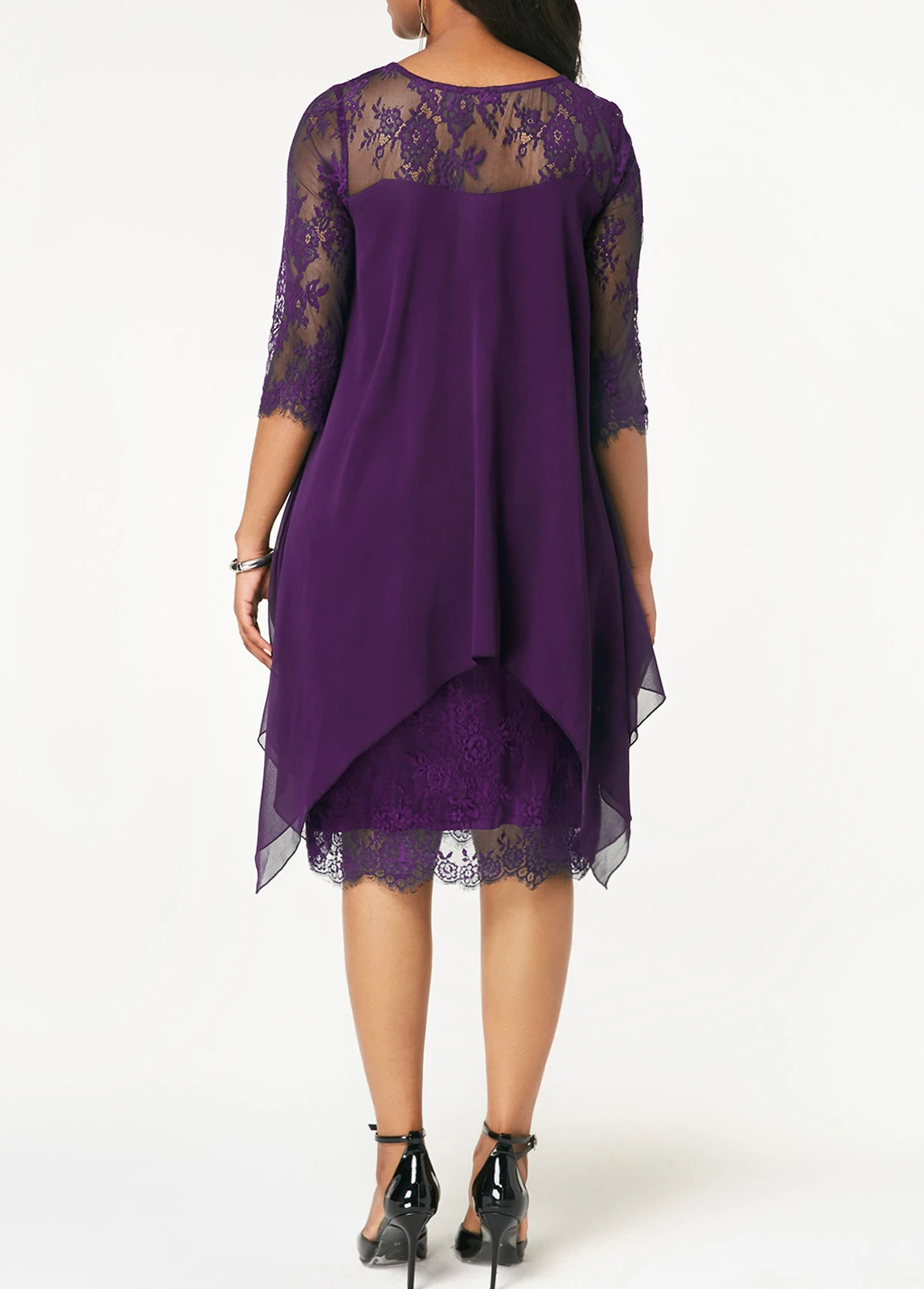 Purple Three Quarter Sleeve Chiffon Overlay Lace Dress 4 Purple Three Quarter Sleeve Chiffon Overlay Lace Dress - Image 2