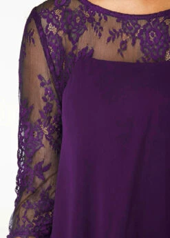 Purple Three Quarter Sleeve Chiffon Overlay Lace Dress 11 Purple Three Quarter Sleeve Chiffon Overlay Lace Dress -Ethereal Swim 211161 P 16336622488444