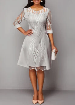 3/4 Sleeve Light Grey Lace Panel Dress -Ethereal Swim 225502 P 16336799203193