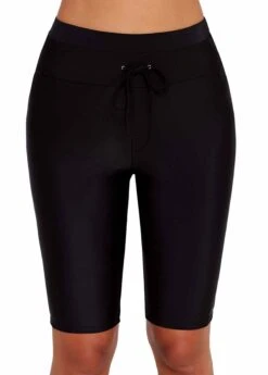 High Waist Drawstring Detail Black Swim Shorts