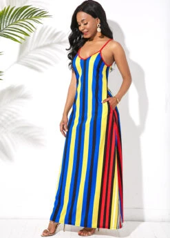 Multi Stripe Spaghetti Strap Side Pocket Maxi Dress -Ethereal Swim 241492 P 15910911601522