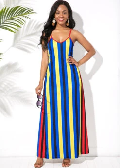 Multi Stripe Spaghetti Strap Side Pocket Maxi Dress -Ethereal Swim 241492 P 15910911601974