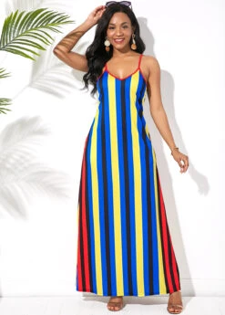 Multi Stripe Spaghetti Strap Side Pocket Maxi Dress -Ethereal Swim 241492 P 15910911607593