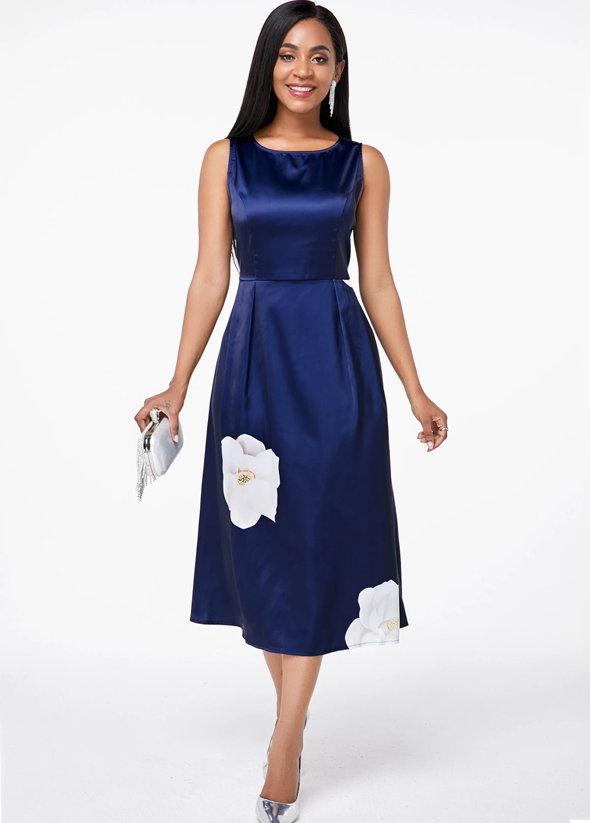 Floral Print Sleeveless Round Neck Blue Dress 3 Floral Print Sleeveless Round Neck Blue Dress