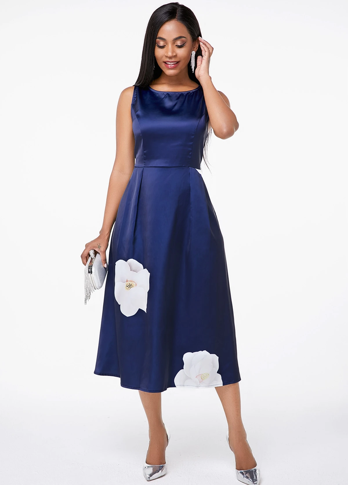 Floral Print Sleeveless Round Neck Blue Dress 7 Floral Print Sleeveless Round Neck Blue Dress - Image 5