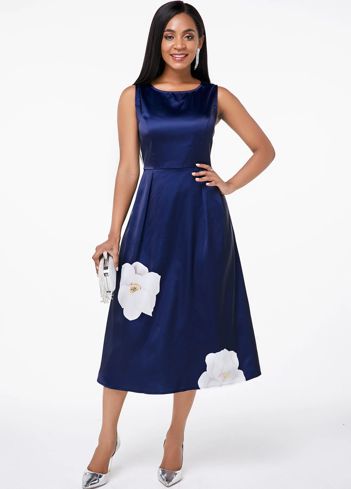 Floral Print Sleeveless Round Neck Blue Dress 6 Floral Print Sleeveless Round Neck Blue Dress - Image 4