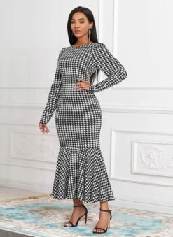 Houndstooth Print Long Sleeve Round Neck Mermaid Dress -Ethereal Swim 252648 P 16034488012442