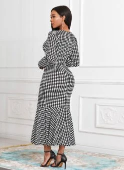 Houndstooth Print Long Sleeve Round Neck Mermaid Dress -Ethereal Swim 252648 P 16034488016441