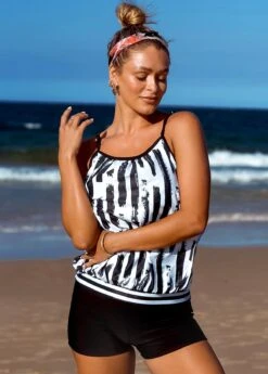 Spaghetti Strap Contrast Striped Blouson Tankini Set -Ethereal Swim 257526 P 16081139948723