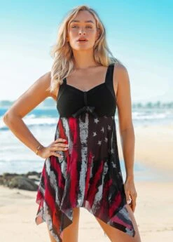 American Flag Print Wide Strap Asymmetric Hem Swimdress And Shorts -Ethereal Swim 262673 P 16176844231703