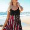 American Flag Print Wide Strap Asymmetric Hem Swimdress And Shorts -Ethereal Swim 262673 P 16176844234070