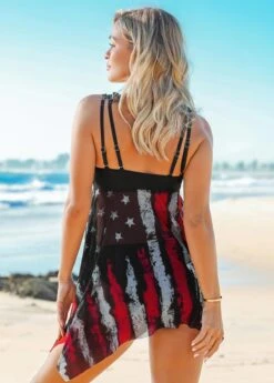 American Flag Print Wide Strap Asymmetric Hem Swimdress And Shorts -Ethereal Swim 262673 P 16176844237161