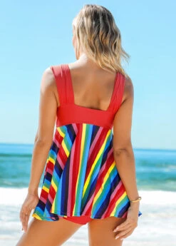 Rainbow Stripe Wide Strap Mid Waist Swimdress And Shorts -Ethereal Swim 263030 P 16176843140161