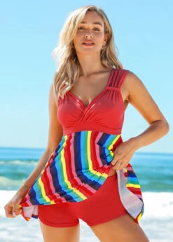 Rainbow Stripe Wide Strap Mid Waist Swimdress And Shorts -Ethereal Swim 263030 P 16176843145794
