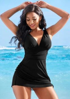 Tie Side Shirred V Neck Solid Swimdress And Panty -Ethereal Swim 265245 P 16225107574023