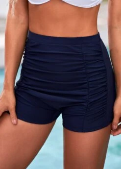 Ruched High Waisted Navy Blue Swim Shorts