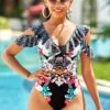 Lace Up Floral Print Flounce One Piece Swimwear -Ethereal Swim 267471 P 16193318823740