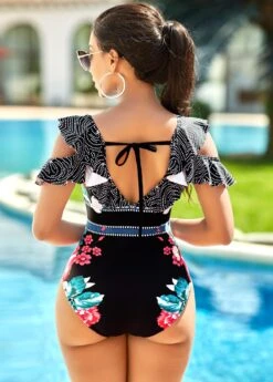 Lace Up Floral Print Flounce One Piece Swimwear -Ethereal Swim 267471 P 16193318825171