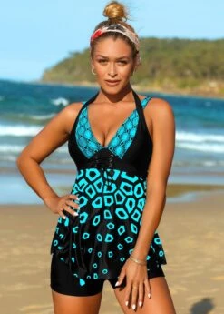 Geometric Print Lace Up Swimdress And Shorts -Ethereal Swim 268448 P 16158841593153