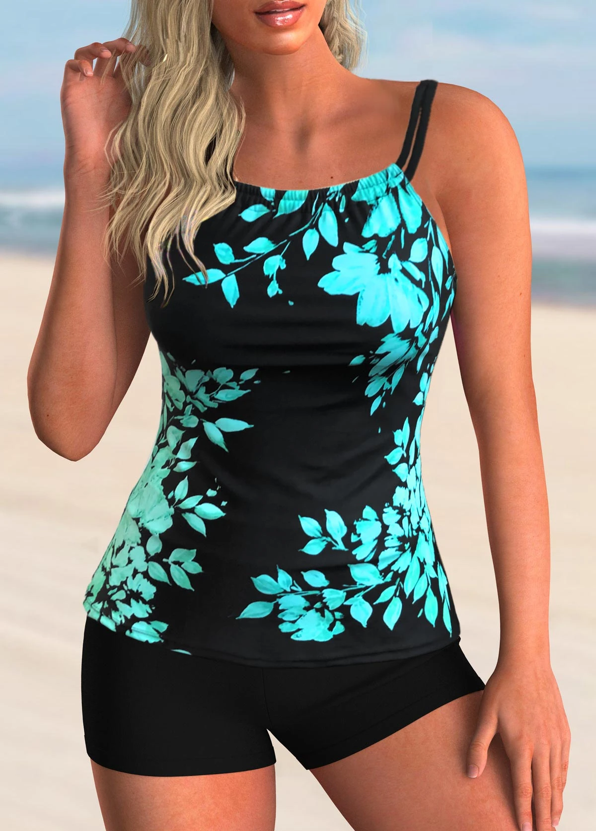 Leaf Print Spaghetti Strap Tankini Set 3 Leaf Print Spaghetti Strap Tankini Set