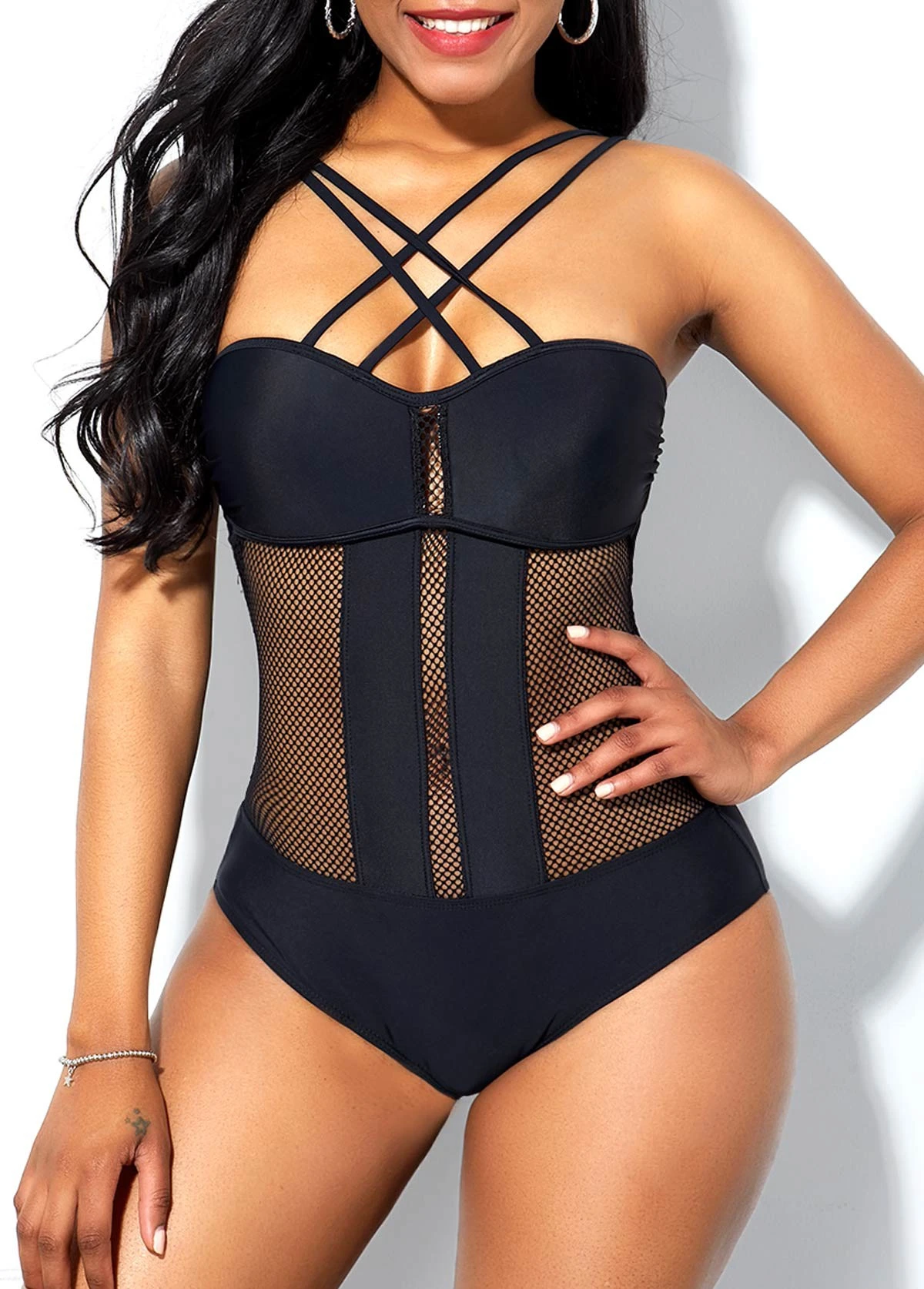 Mesh Stitching Cross Strap Tie Back One Piece Swimwear 3 Mesh Stitching Cross Strap Tie Back One Piece Swimwear