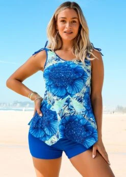 Tie Shoulder Asymmetric Hem Floral Print Tankini Set -Ethereal Swim 271414 P 16214729137092