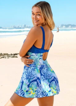 Mesh Stitching Wide Strap Printed Swimdress And Shorts -Ethereal Swim 271418 P 16214728947081