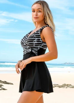 Striped Wide Strap Cross Front Swimdress And Shorts -Ethereal Swim 272261 P 16218211222763