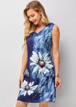 V Neck Floral Print Sleeveless Dress