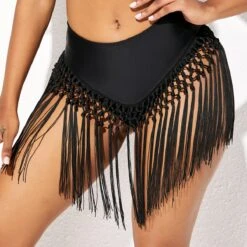 Tassel Detail Mid Waist Solid Bikini Bottom -Ethereal Swim 277811 P 16258253217203