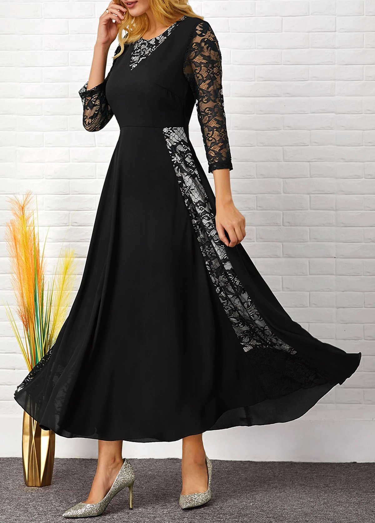 Lace Patchwork Round Neck 3/4 Sleeve Dress 6 Lace Patchwork Round Neck 3/4 Sleeve Dress - Image 4