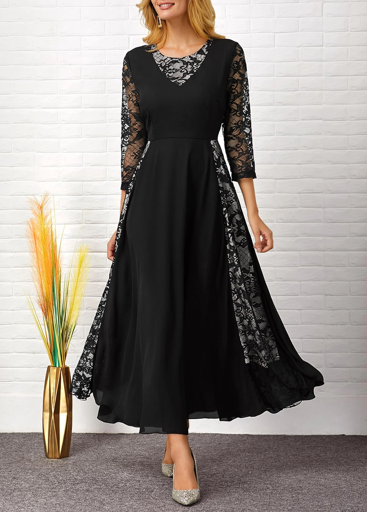 Lace Patchwork Round Neck 3/4 Sleeve Dress 3 Lace Patchwork Round Neck 3/4 Sleeve Dress