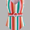 Rainbow Stripe Belted Turndown Collar One Piece Swimwear