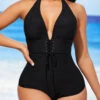 Lace Up Black Textured Halter One Piece Swimwear 2 Lace Up Black Textured Halter One Piece Swimwear -Ethereal Swim 288697 P 16371438258650