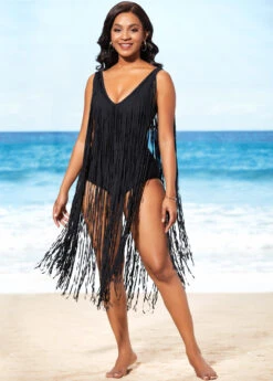 Tassel Hem Black Belted One Piece Swimwear -Ethereal Swim 288702 P 16372190692213