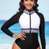 Quarter Zip Long Sleeve Chevron Print One Piece Swimwear 2 Quarter Zip Long Sleeve Chevron Print One Piece Swimwear -Ethereal Swim 288748 P 16373168024490
