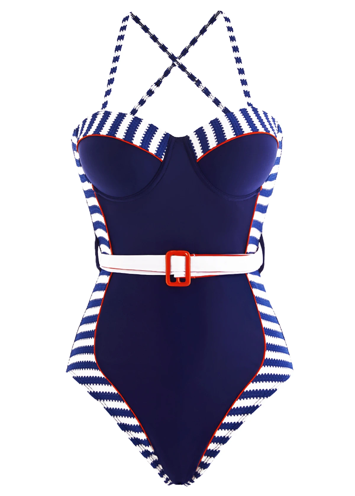 Striped Decorative Belt Navy Blue One Piece Swimwear 3 Striped Decorative Belt Navy Blue One Piece Swimwear